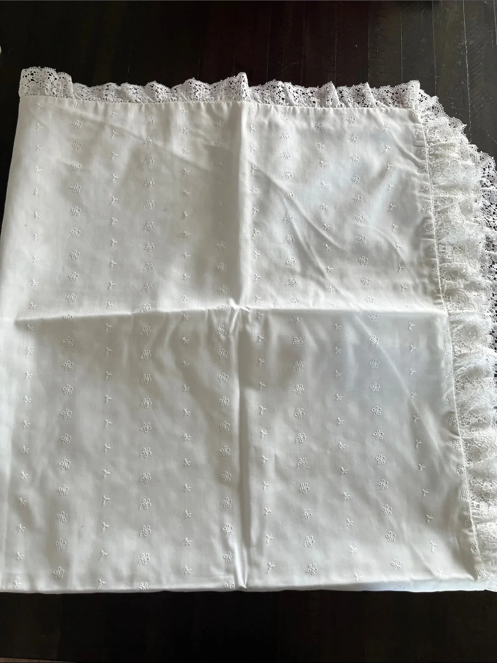 Vintage 1980 Handmade White Eyelet Baby Blanket with White Lace Trim